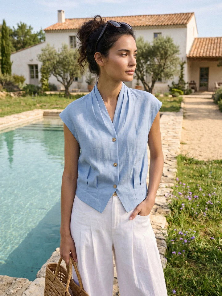 Valeria | Linen Cropped Shirt With Crossover Neckline And Elastic Back