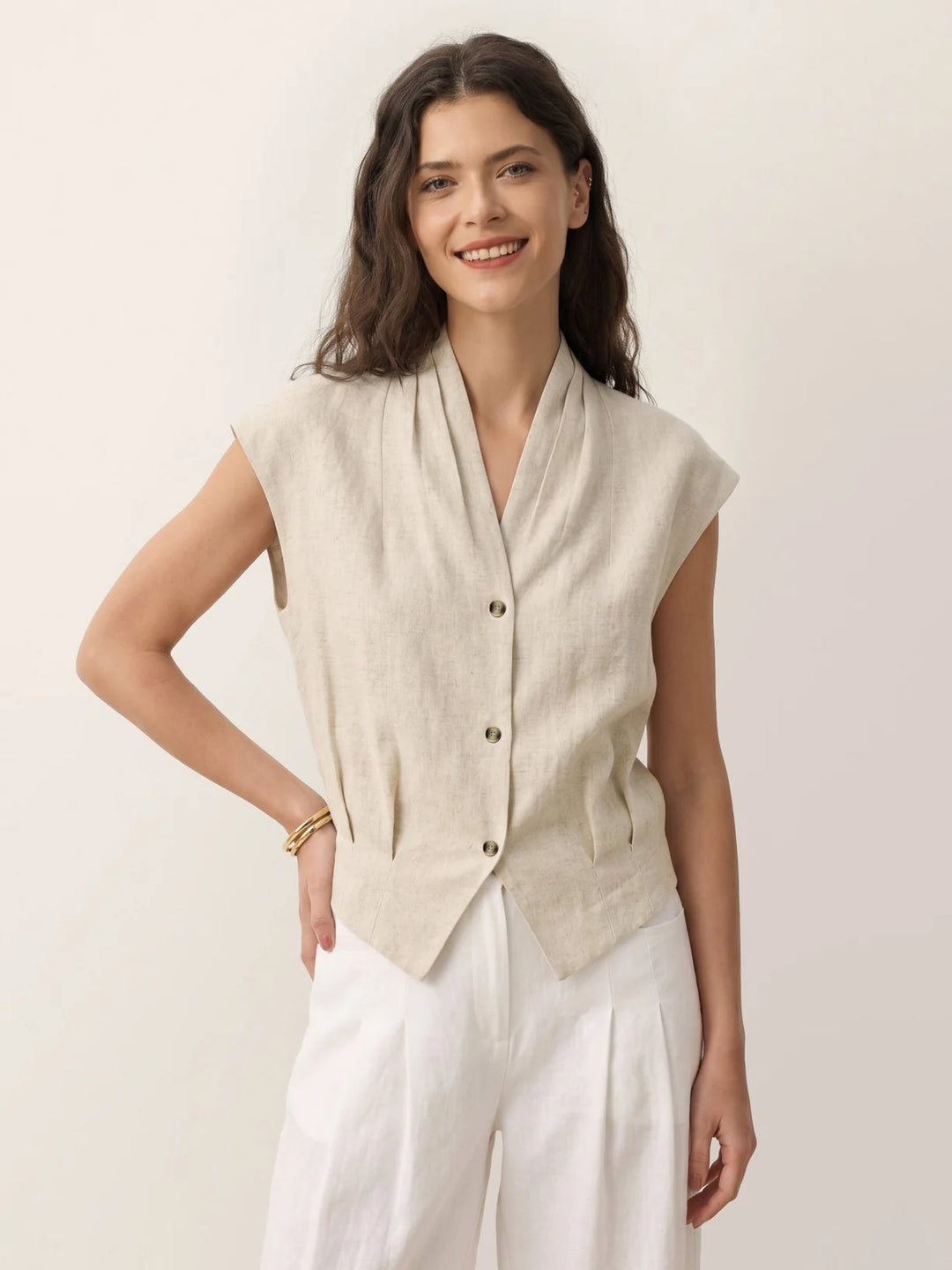 Valeria | Linen Cropped Shirt With Crossover Neckline And Elastic Back