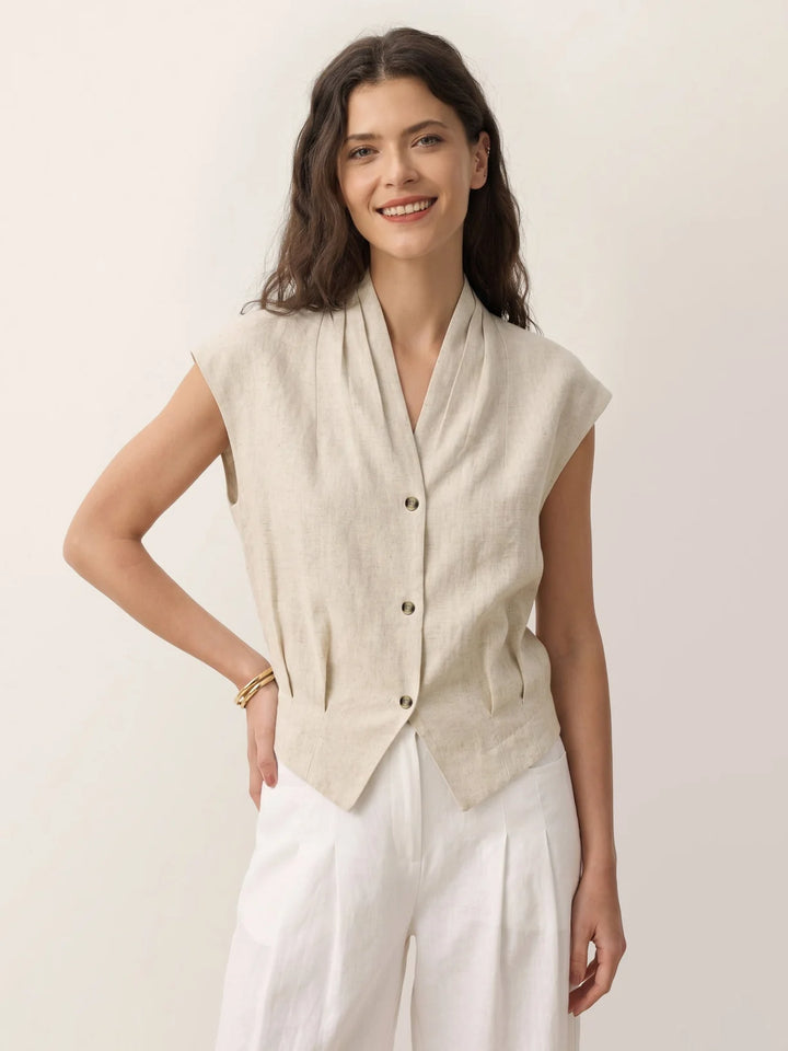 Valeria | Linen Cropped Shirt With Crossover Neckline And Elastic Back