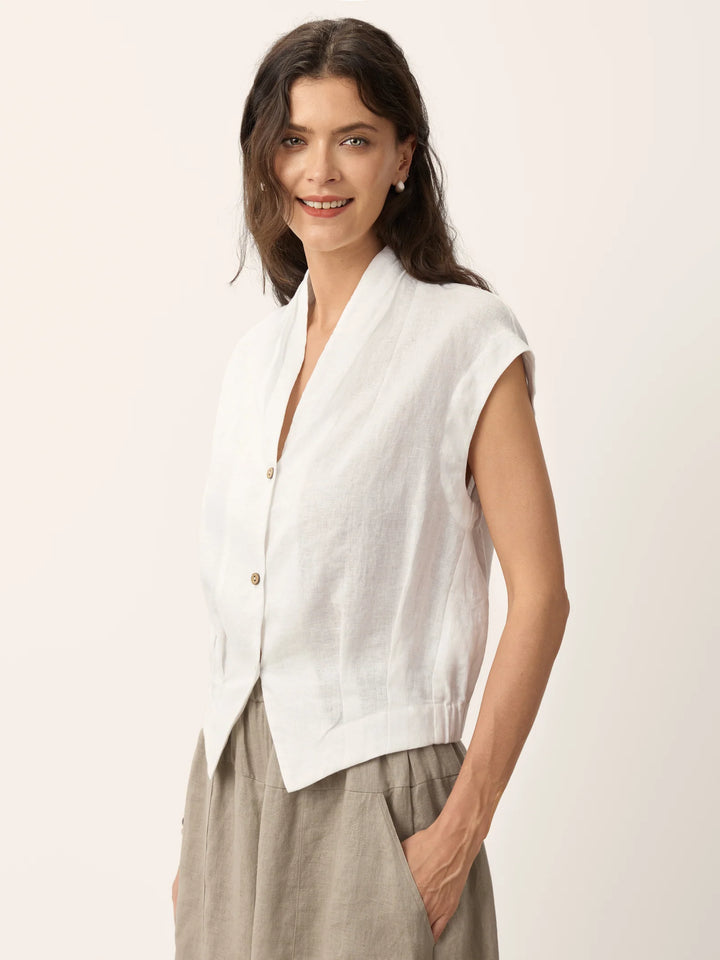 Valeria | Linen Cropped Shirt With Crossover Neckline And Elastic Back