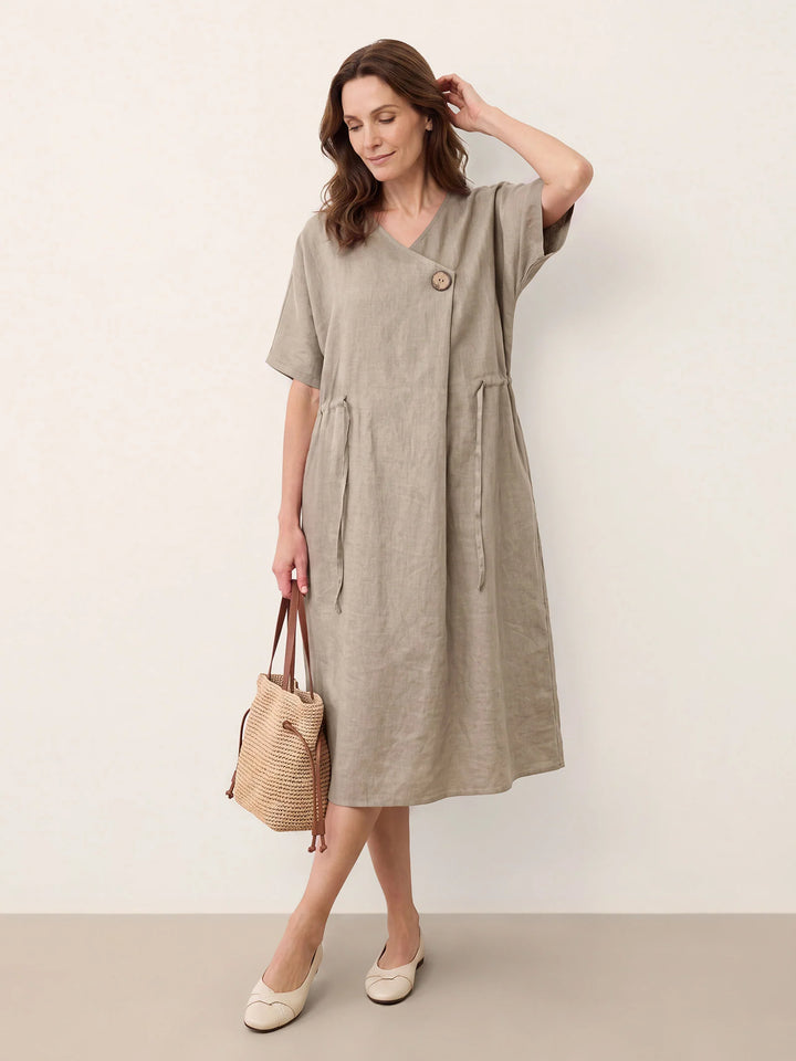 Marielle - Vestido Midi De Lino 100% Con Lazada Frontal Y Cintura Con Cordón