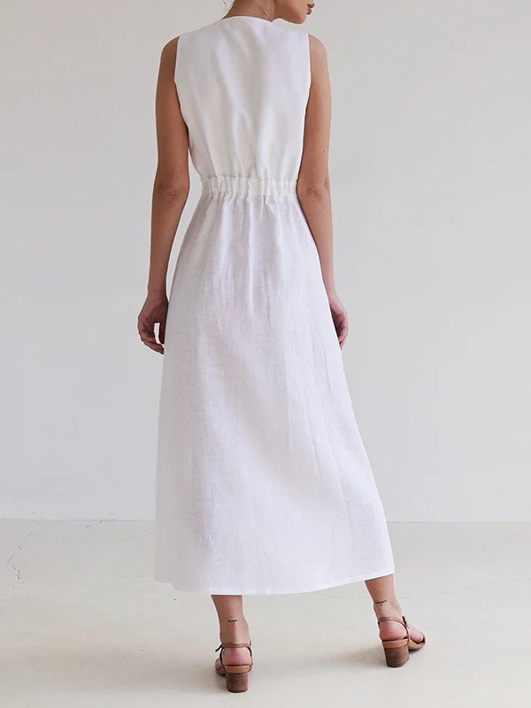 VESTIDO MAXI HOLGADO SIN MANGAS CON ESCOTE EN V Y ABERTURA FRONTAL - LINO Y ALGODON