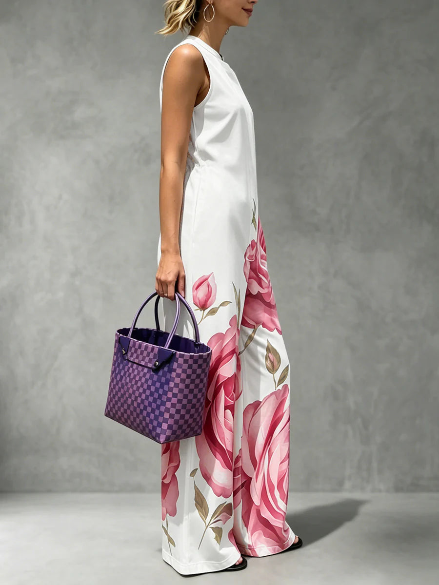 Mono Holgado De Cintura Alta Con Estampado Floral, Plisado, Bolsillos Y Cuello Redondo