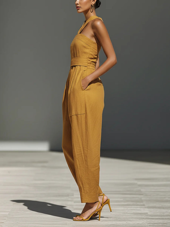 Mono De Lino Con Escote Cruzado Y Pantalon Ancho