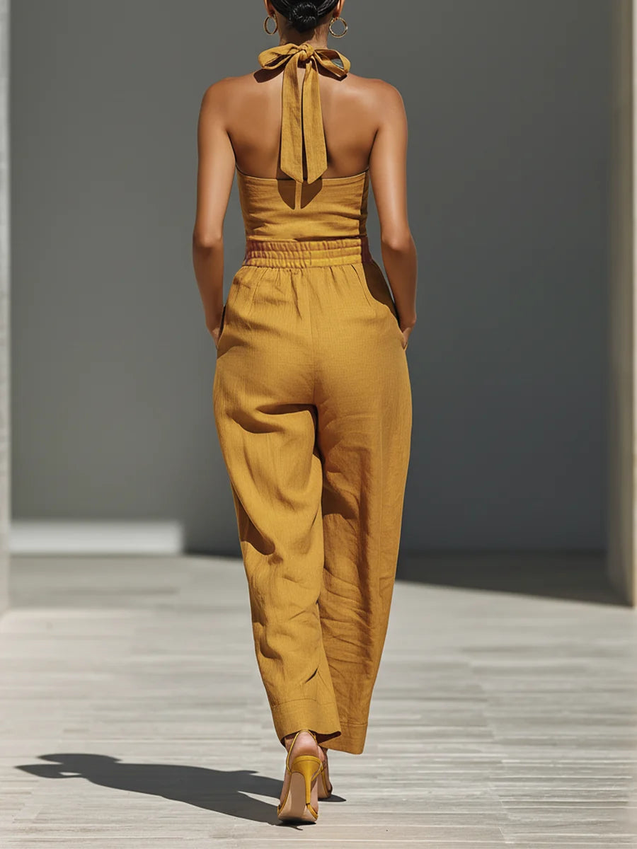 Mono De Lino Con Escote Cruzado Y Pantalon Ancho