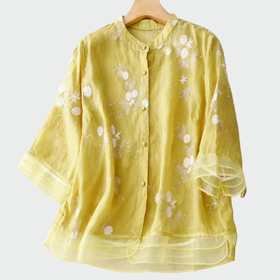Camisa bordada floral con botones para mujer