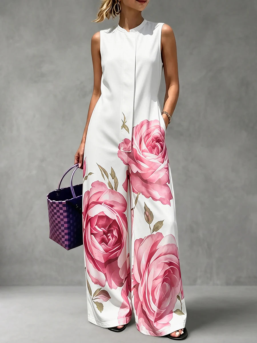 Mono Holgado De Cintura Alta Con Estampado Floral, Plisado, Bolsillos Y Cuello Redondo