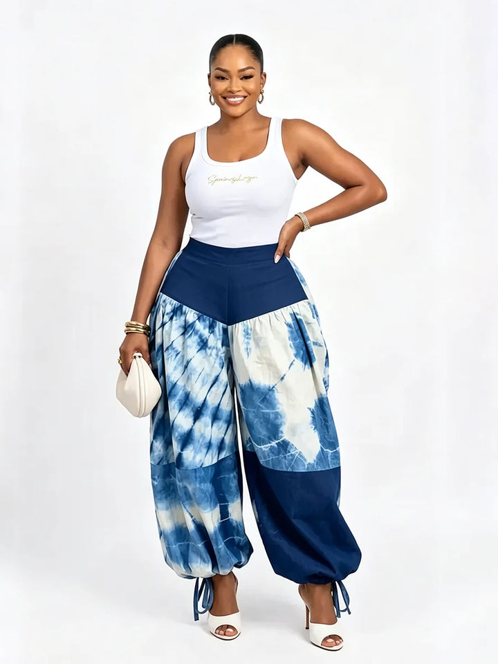 Pantalón De Cintura Alta Con Estampado En Colores Contrastantes Y Amarre En El Tobillo