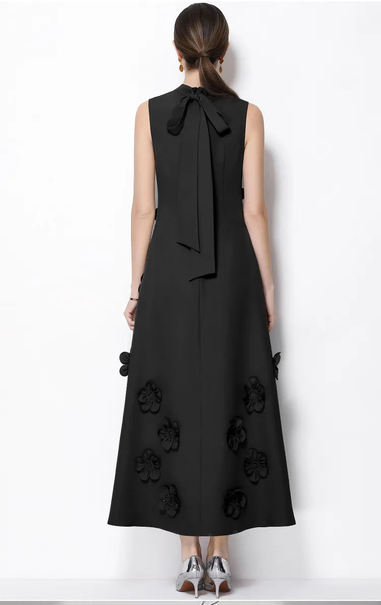 Vestido maxi gala sin mangas cuello alto flores 3d patchwork boda