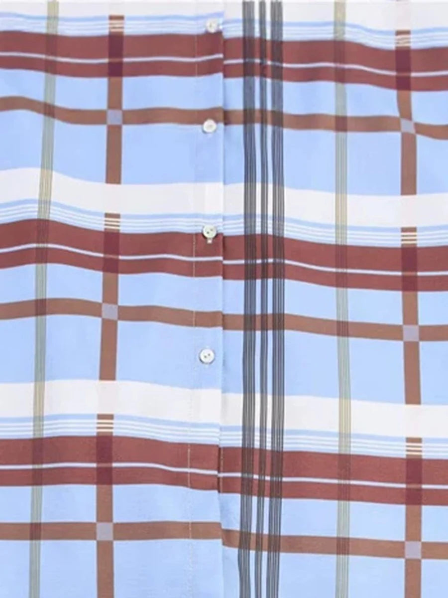 Vestido Midi De Cuadros Contrastantes Con Solapa, Manga Larga Y Botones