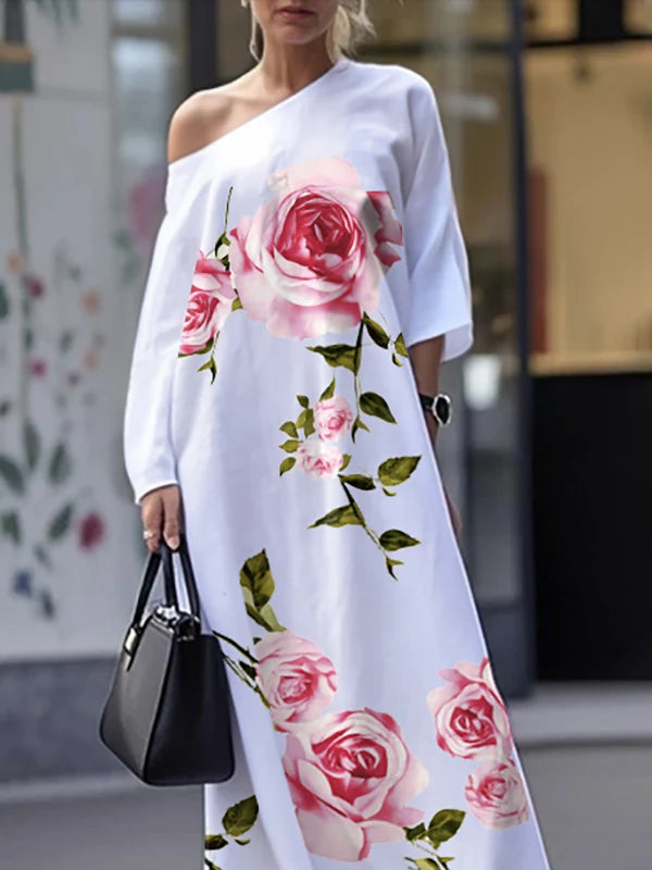 VESTIDO MAXI DE UM OMBRO FLORAL ASSIMÉTRICO COM MANGA TRÊS QUARTOS E BOLSOS