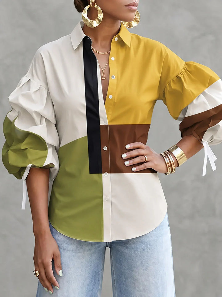 Blusa De Manga Tres Cuartos Abullonada Con Lapela, Elástico Y Color Contrastante Con Botones