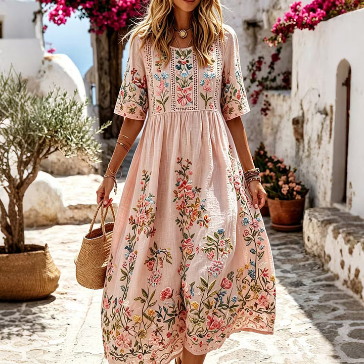 Vestido Maxi Manga Corta Con Cuello Redondo Y Arte De Bordado Floral Informal En Algodón