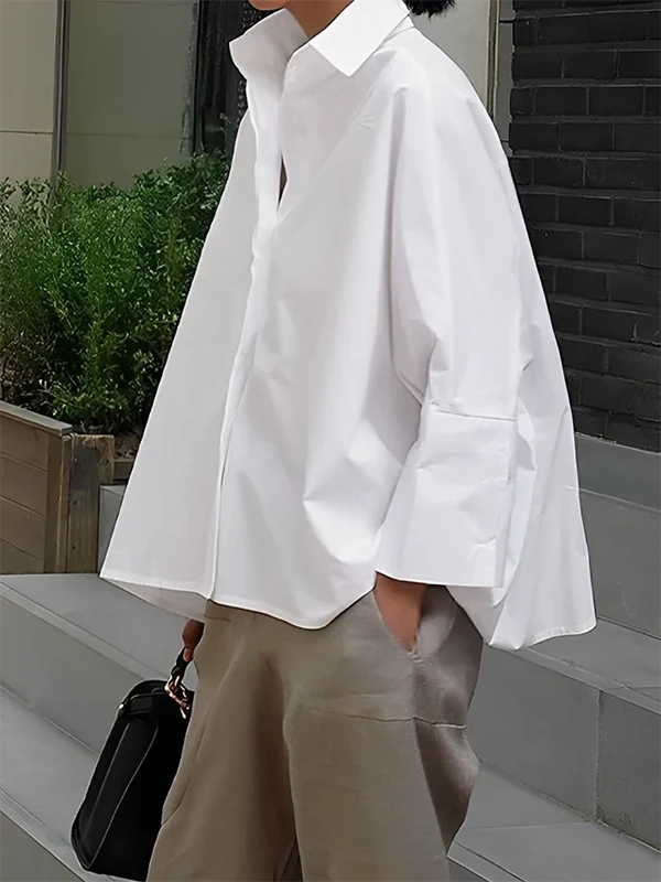 Blusa De Manga Larga Suelta Con Cuello Solapa - Colores Lisos