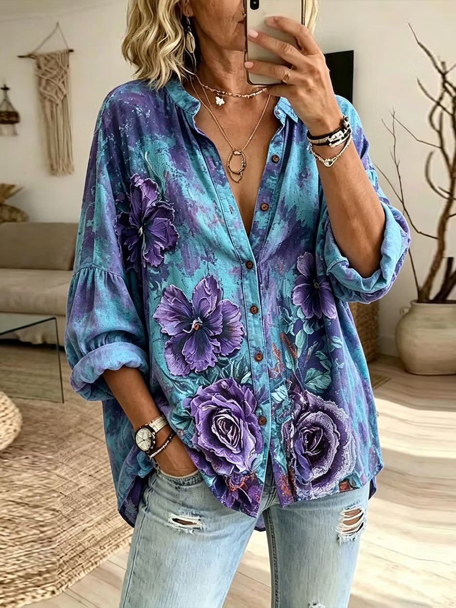 Camisa Casual Vintage - Estampado Pintura Al Óleo Rosa Morada Cuello Mao Botones Manga Larga