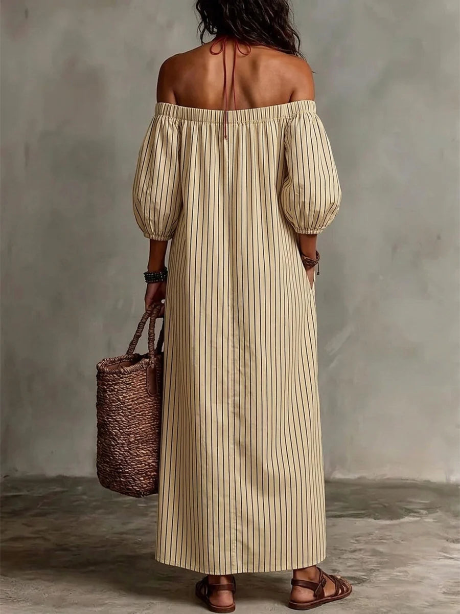 Vestido Midi Plus Size Hombros Descubiertos A Rayas