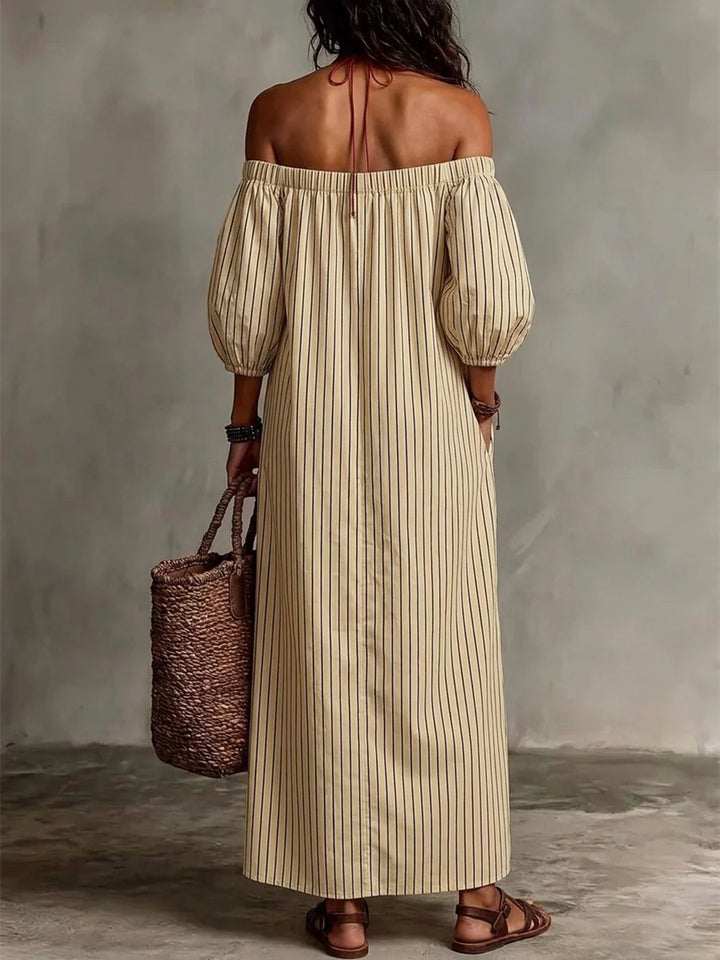 Vestido Midi Plus Size Hombros Descubiertos A Rayas