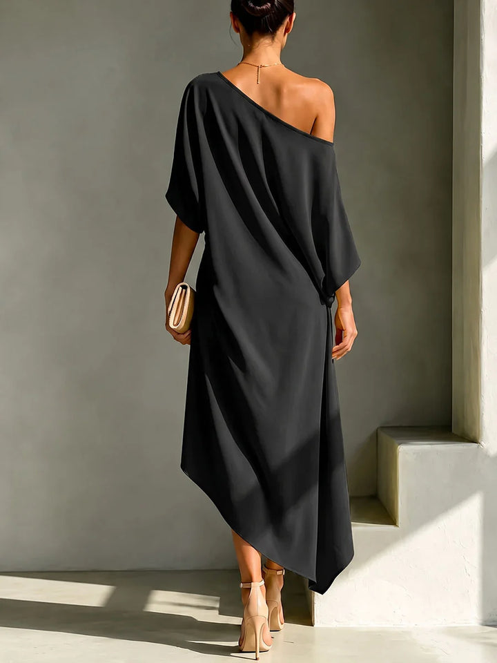 Vestido Maxi Asimétrico De Un Hombro Con Espalda Abierta, Botones Y Modelado Suelto