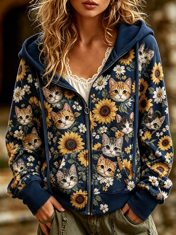 Sudadera Con Cremallera Completa - Estampado Caras De Gato Y Girasoles