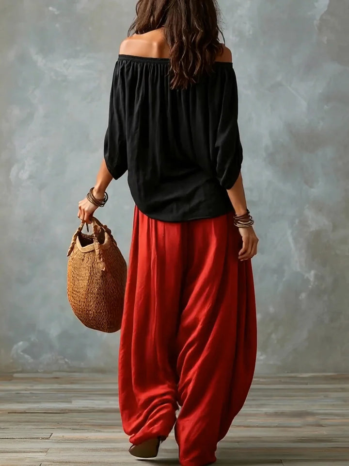 Conjunto Dos Piezas Blusa Plisada Hombros Descubiertos Y Pantalón Cintura Alta