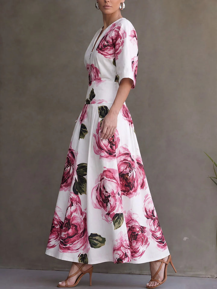 Vestido Maxi Floral De Manga Corta Con Cuello Redondo, Cintura Alta, Bolsillos Y Abertura Lateral