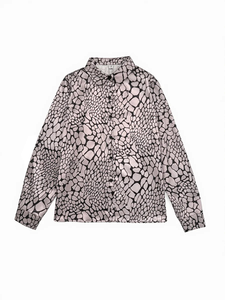 Blusa Holgada De Manga Larga Con Botones, Estampado De Serpiente En Contraste Y Solapa