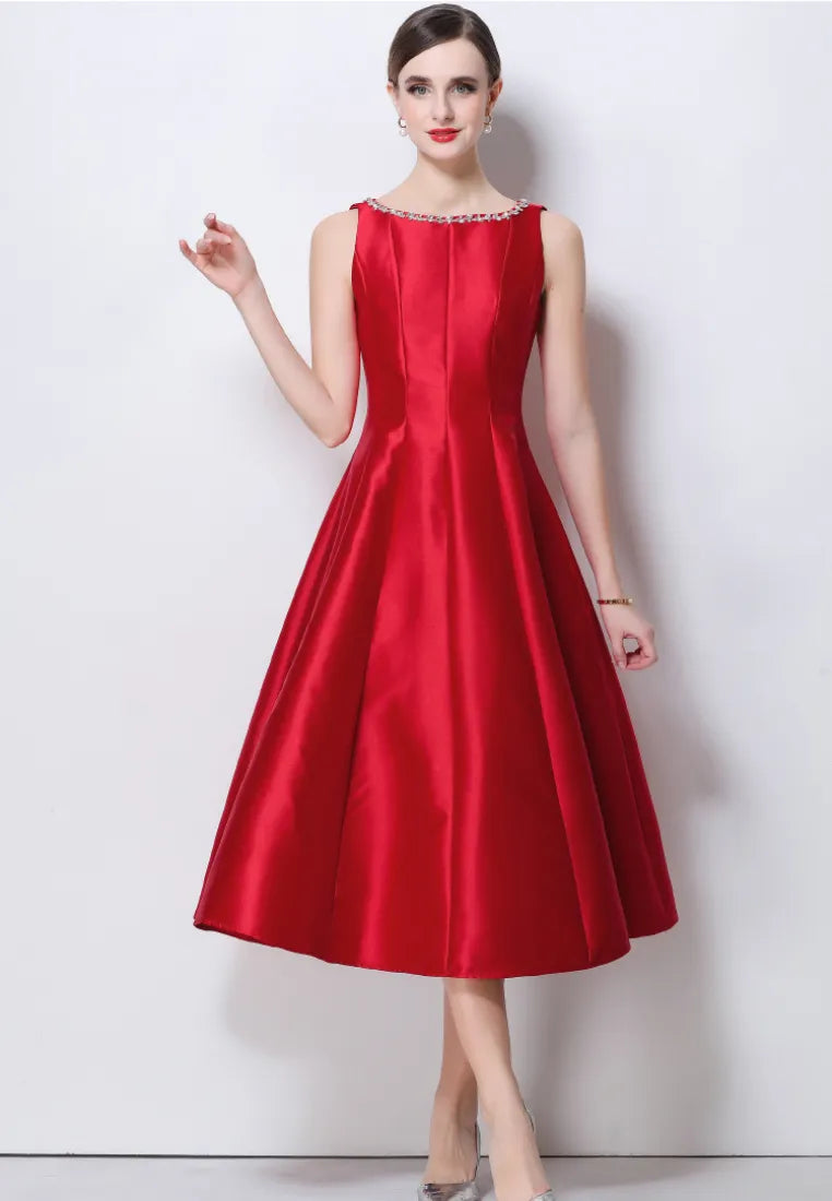 Vestido midi cóctel satén a-line con escote bordado k26061501