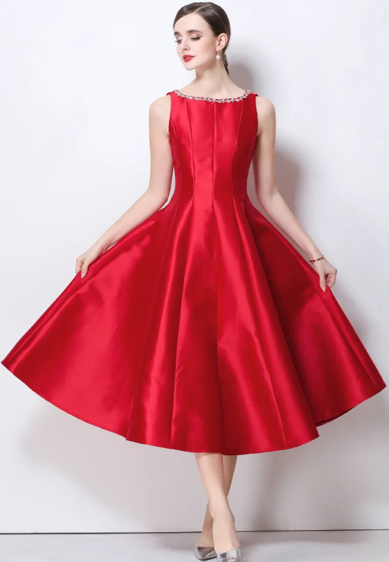 Vestido midi cóctel satén a-line con escote bordado k26061501