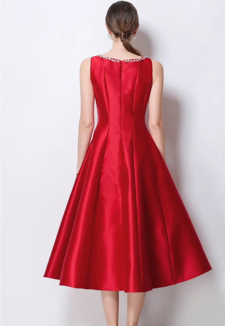 Vestido midi cóctel satén a-line con escote bordado k26061501