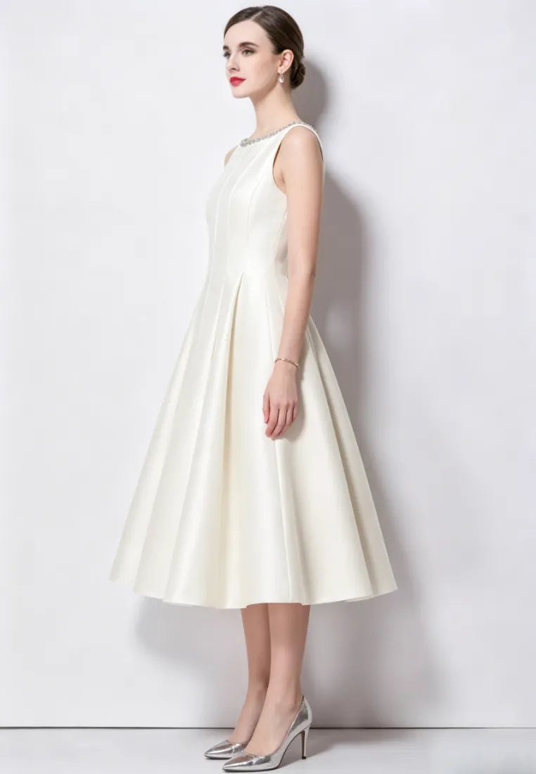 Vestido midi cóctel satén a-line con escote bordado k26061501