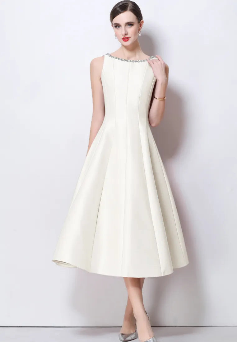 Vestido midi cóctel satén a-line con escote bordado k26061501