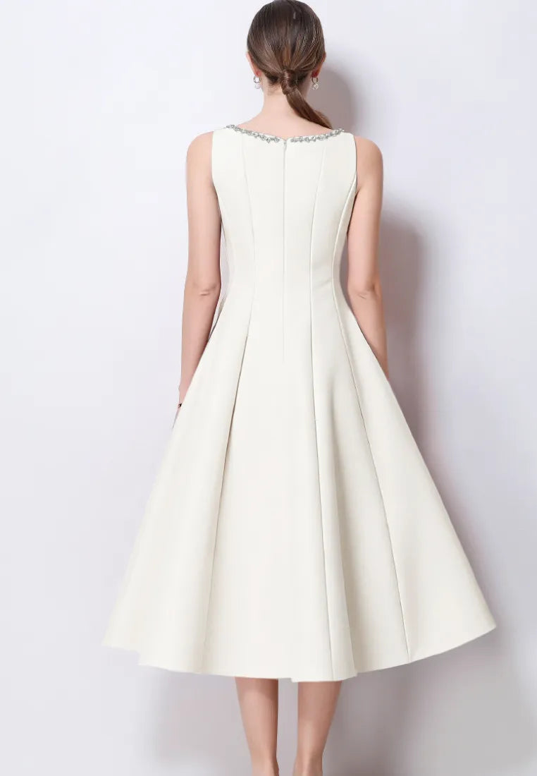 Vestido midi cóctel satén a-line con escote bordado k26061501