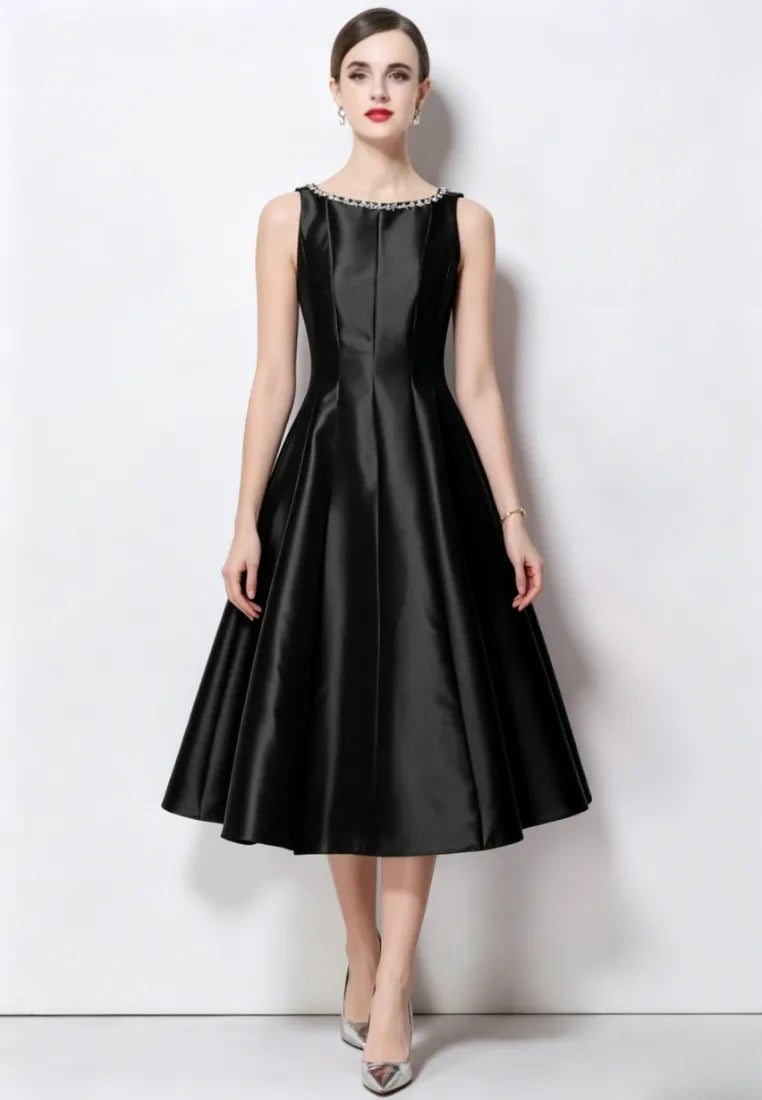 Vestido midi cóctel satén a-line con escote bordado k26061501