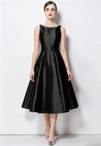 Vestido midi cóctel satén a-line con escote bordado k26061501