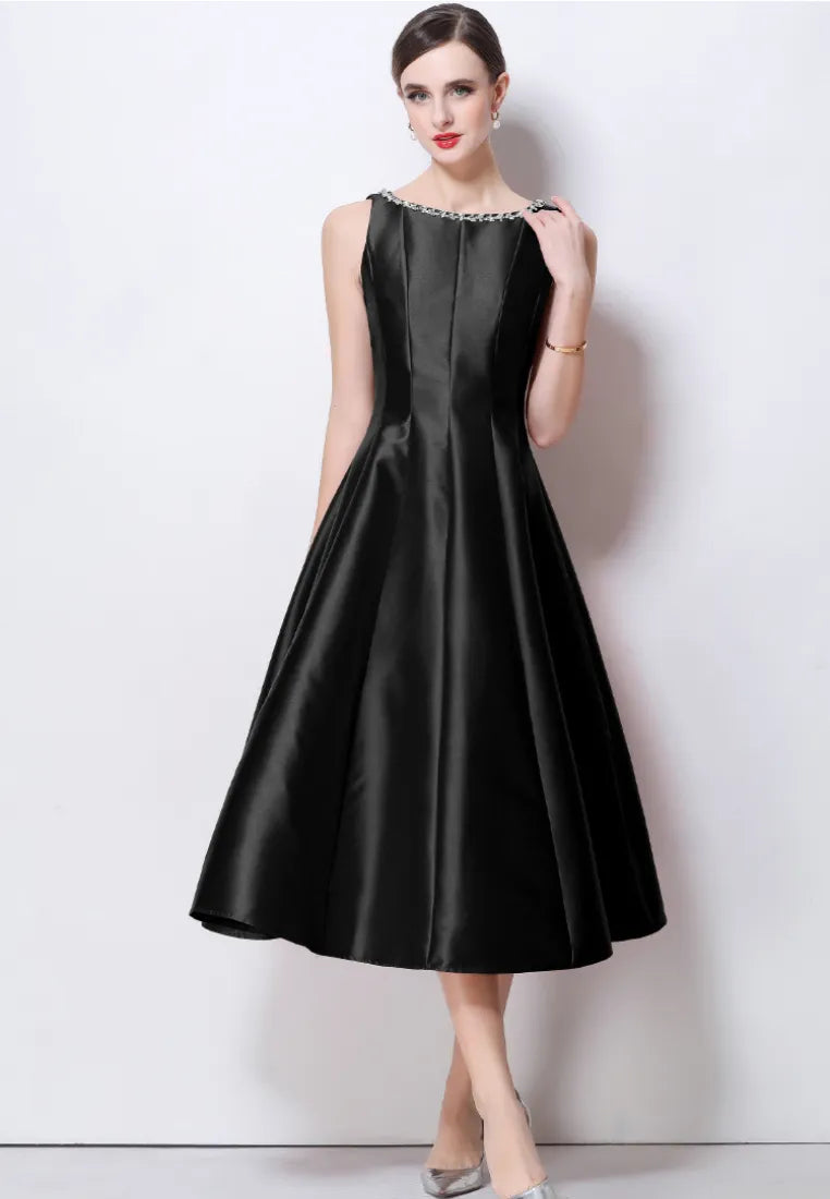 Vestido midi cóctel satén a-line con escote bordado k26061501