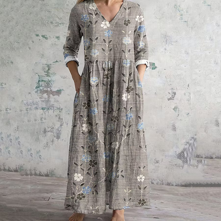VESTIDO FEMENINO DE LINO CON ESTAMPADO FLORAL VINTAGE