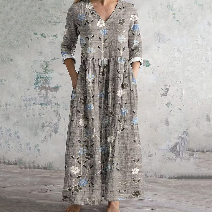VESTIDO FEMENINO DE LINO CON ESTAMPADO FLORAL VINTAGE