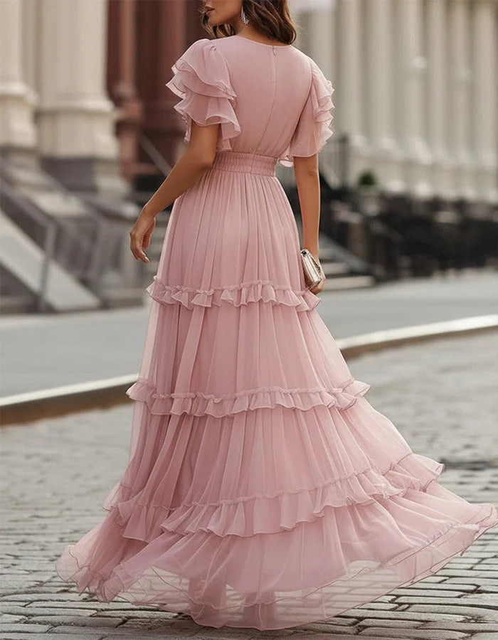 AMARA | VESTIDO MAXI DE CHIFFON ROSA CON VOLANTES