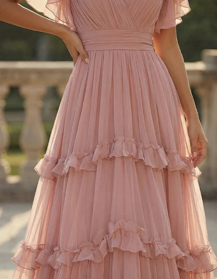 AMARA | VESTIDO MAXI DE CHIFFON ROSA CON VOLANTES