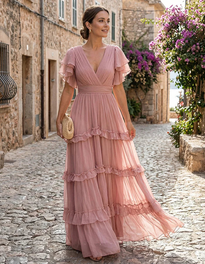AMARA | VESTIDO MAXI DE CHIFFON ROSA CON VOLANTES