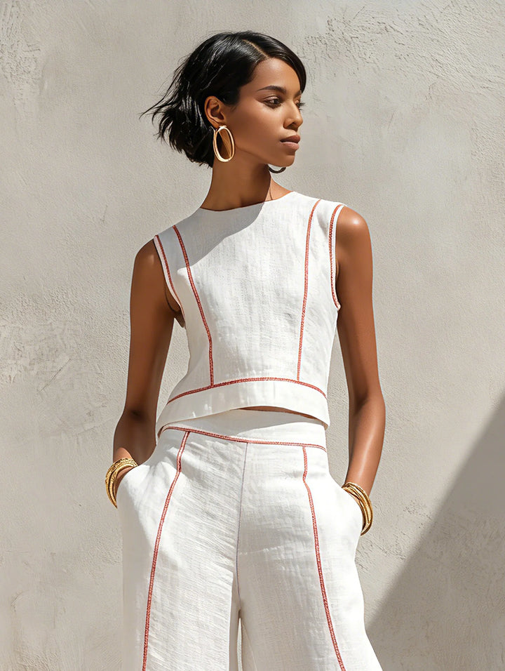 Linen Set With Contrast Stitching