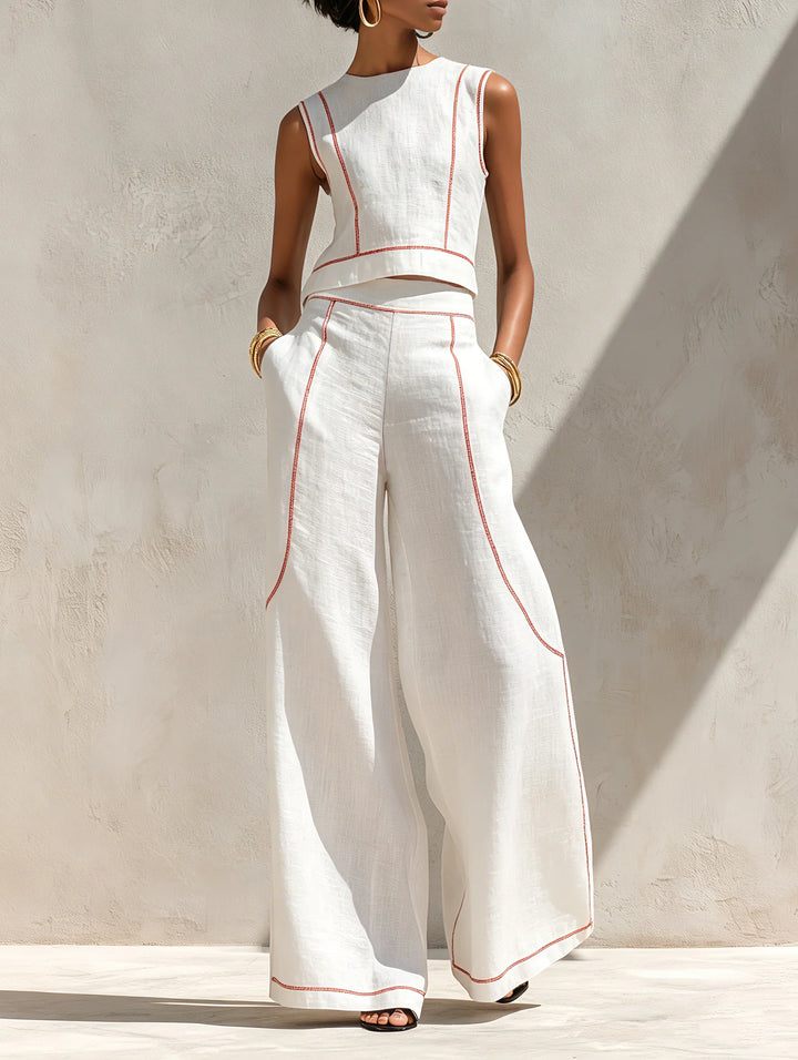 Linen Set With Contrast Stitching