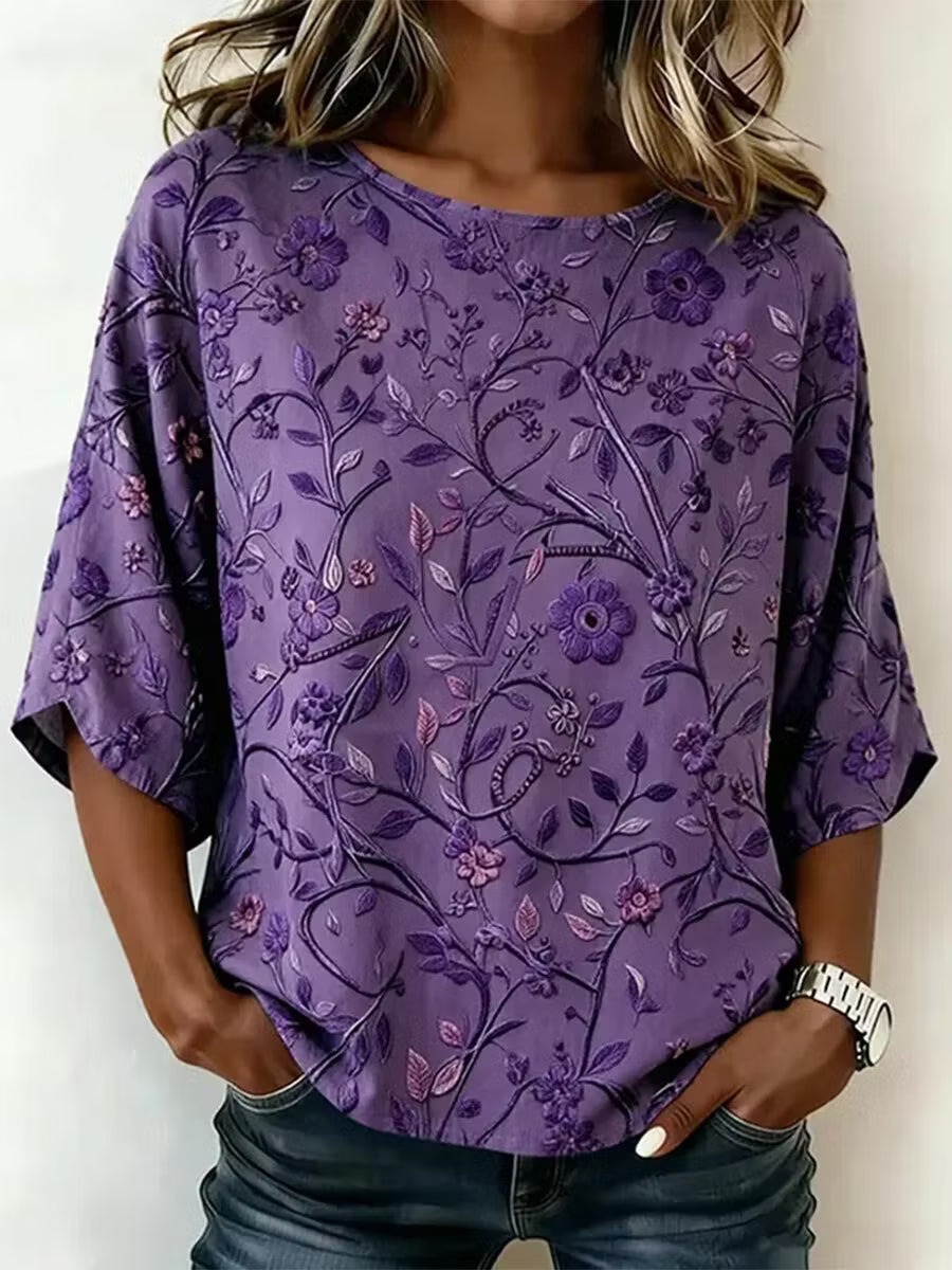 Camiseta Vintage De Mezcla De Lino Con Bordado Floral Artístico