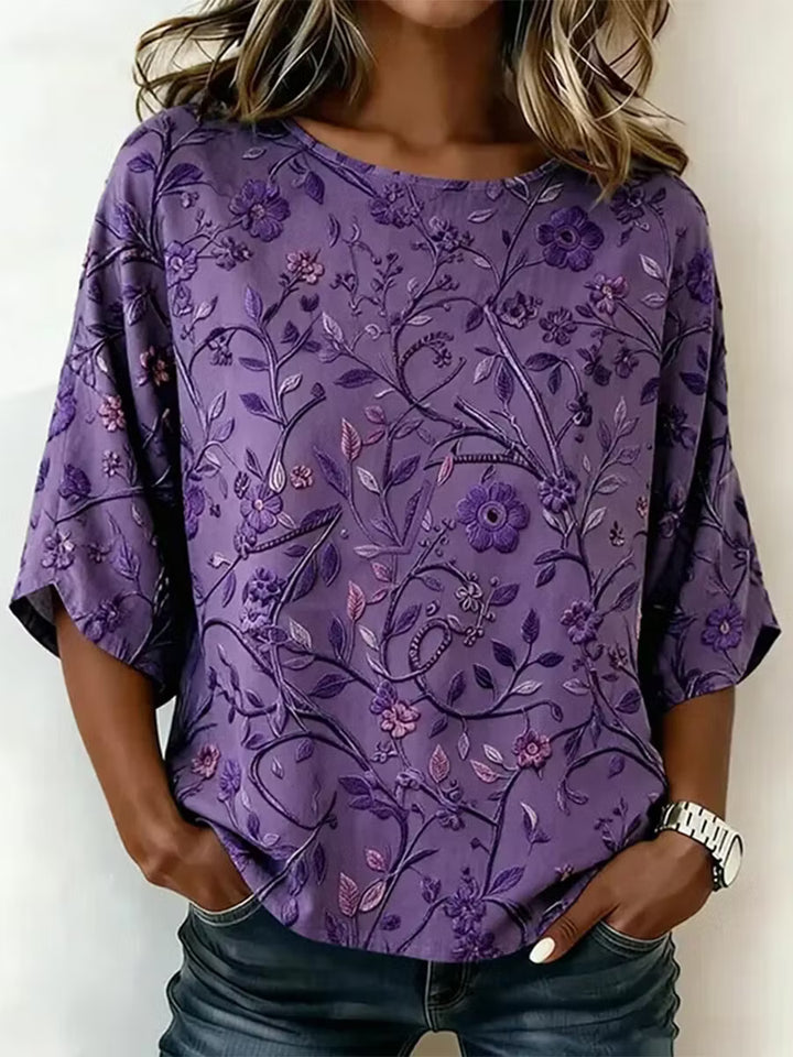 Camiseta Vintage De Mezcla De Lino Con Bordado Floral Artístico