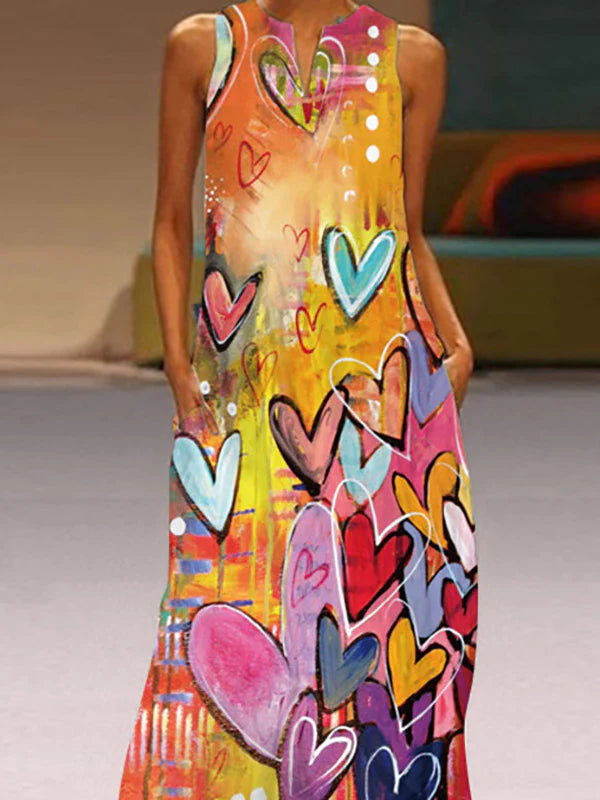 Vestido Maxi Holgado Línea A Con Estampado De Corazones Y Cuello Redondo