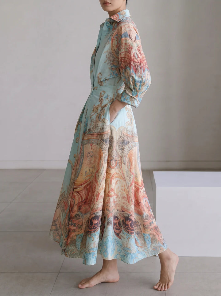 Vestido Maxi Camisero Estampado Con Bolsillos, Botones En Color Contrastante, Manga Tres Cuartos Y Lapela