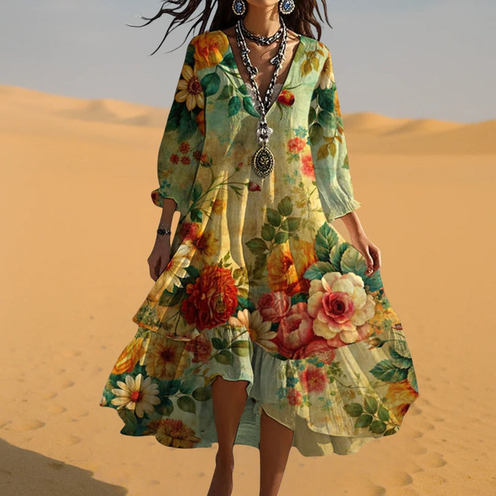 VESTIDO FLORAL BOHEMIO MUJER ESCOTE EN V Y MANGAS LARGAS