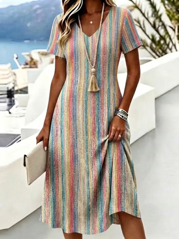 Vestido Midi Casual Con Escote En V - Estampado Geométrico De Rayas Artísticas