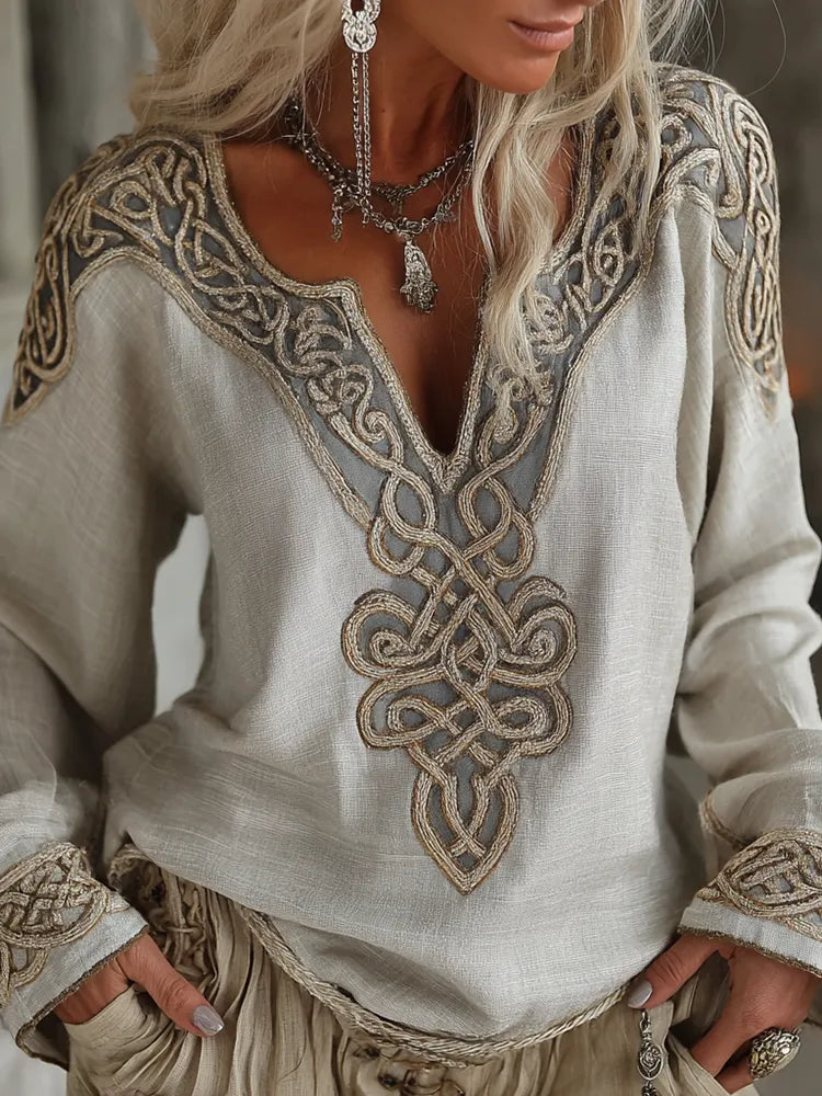 Camisa de lino vintage con bordado de nudo céltico vikingo