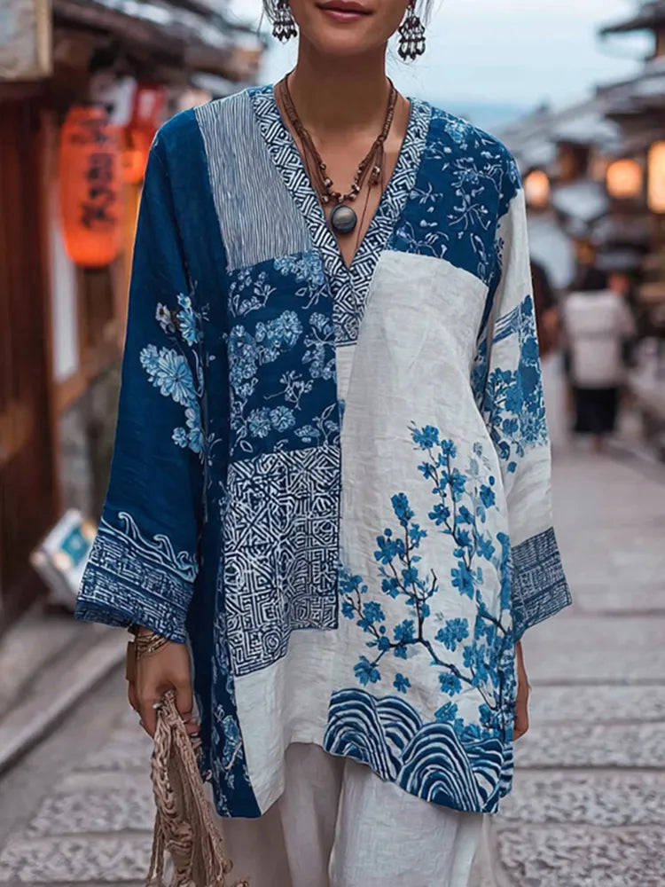 Blusas De Lino Vintage Con Estampado Floral De Patchwork Sashiko Tradicional Japonés